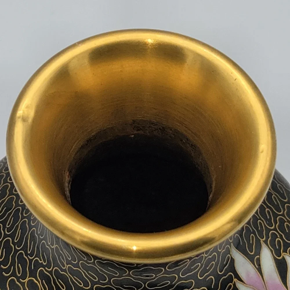 Chinese Cloisonne Bud‎ Vase Black Pink Floral Clouds Enamel Brass MCM 6.25